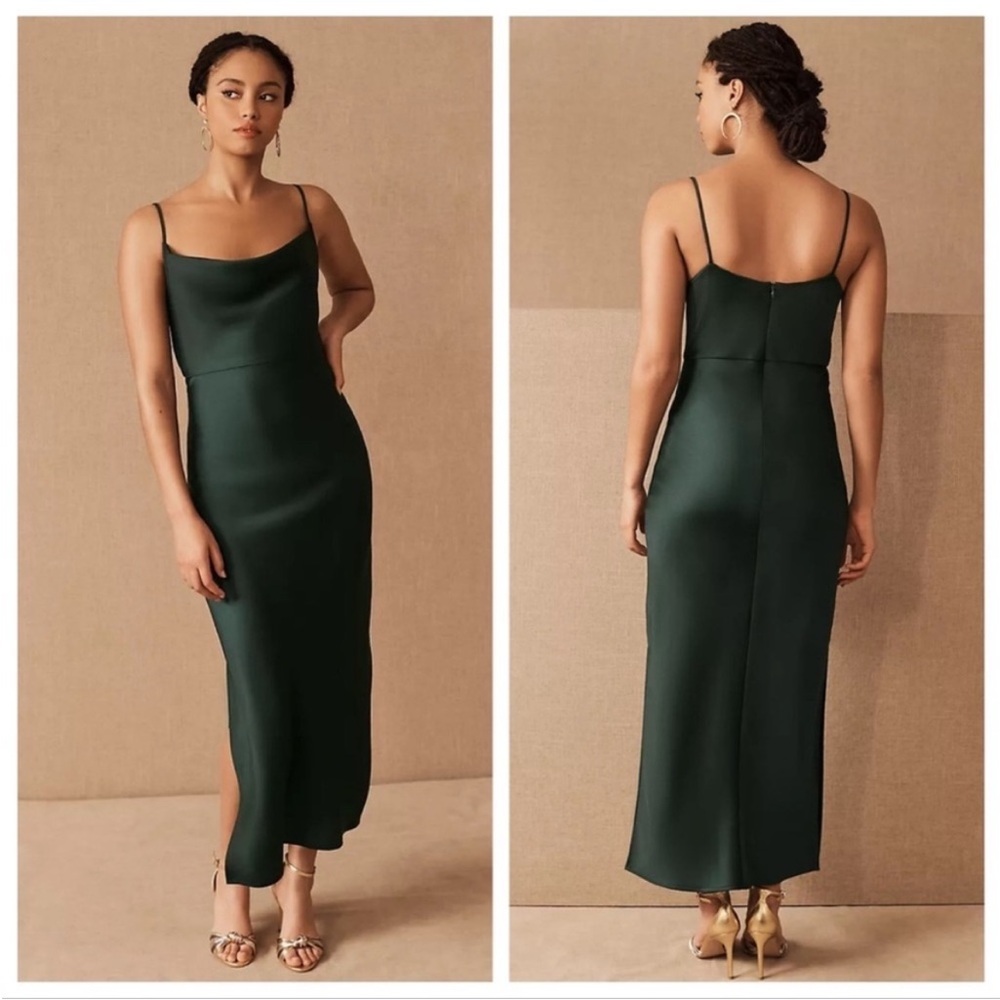 BHLDN Forest Green Satin Midi Dress